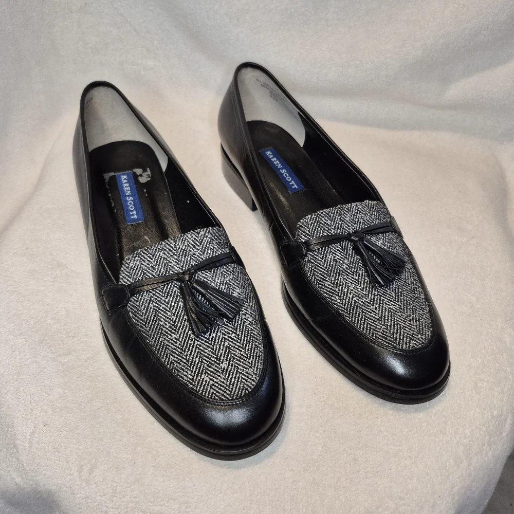Karen Scott 8.5 Mari Leather Loafer Black & White Tweed Tassel Retro, Texture